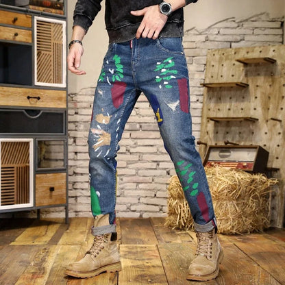 Paint Printing Street Design Denim Men's Fashion Scratch Slim High Street Washed-out Vintage Personality Skinny Pants