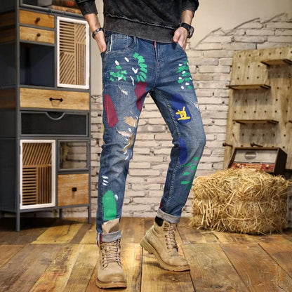 Paint Printing Street Design Denim Men's Fashion Scratch Slim High Street Washed-out Vintage Personality Skinny Pants