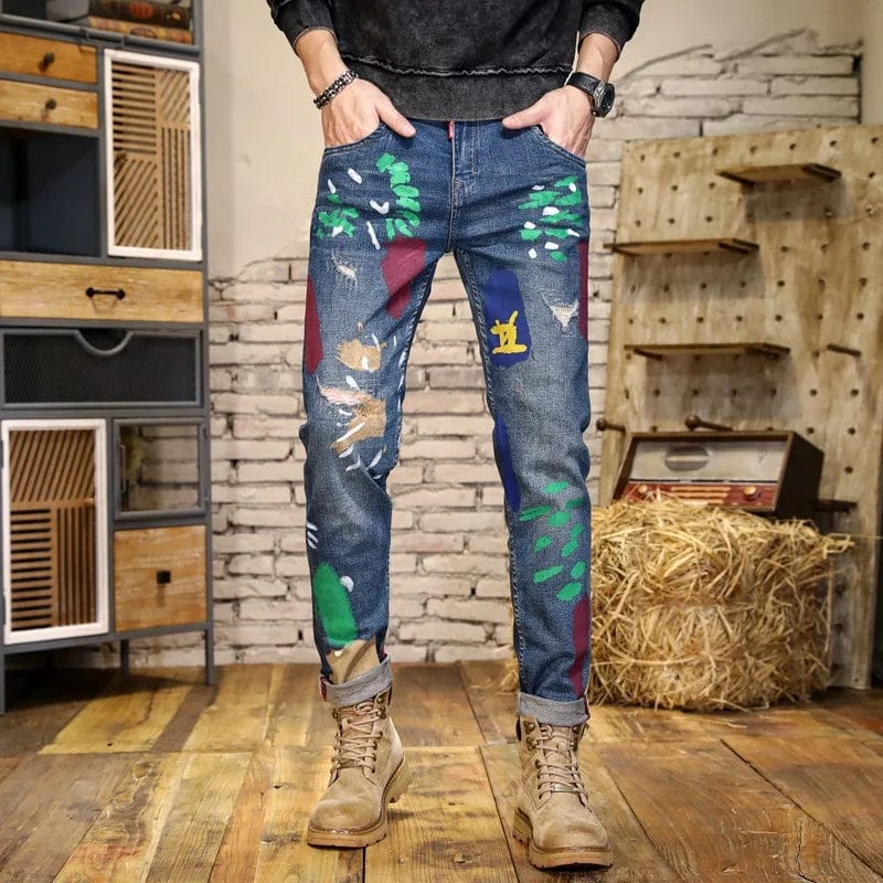 Paint Printing Street Design Denim Men's Fashion Scratch Slim High Street Washed-out Vintage Personality Skinny Pants