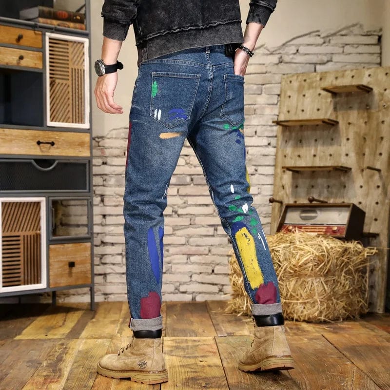 Paint Printing Street Design Denim Men's Fashion Scratch Slim High Street Washed-out Vintage Personality Skinny Pants