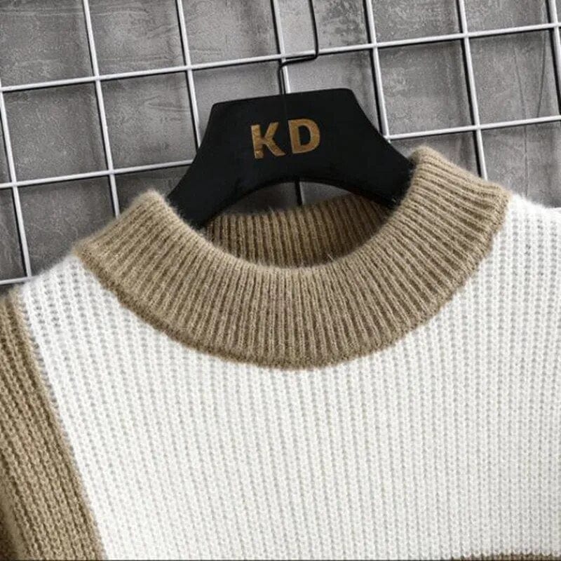 Patchwork Sweater - Elevate Your Style: Men Casual Patchwork Colour Knitted Pullover Plaid Round Neck Sweater Man