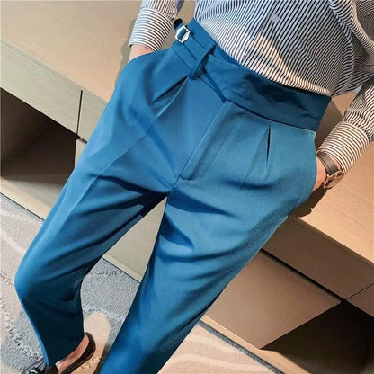 Peacock blue / 33 / CHINA British Style 2023 New High Waist Casual Pant Men Belt Design Slim Fit Suit Pants Office Social Wedding Party Formal Pants 29-36