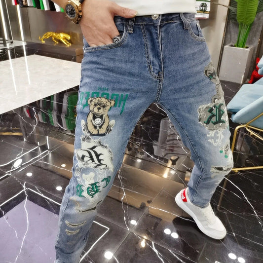 Picture / 34 Jeans Men's 2022 Spring New Bear Print Leggings Slim Fit Fashion Korean High Quality Trend Printed Pants Erkek Jean Pantolon