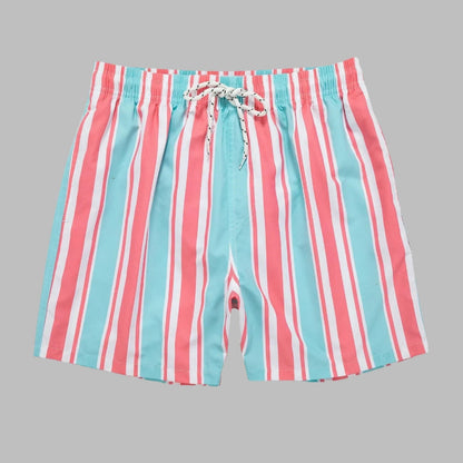 Pink Blue / 36-38 Waist Men's Striped Beach Shorts: Drawstring Swim Trunks, Surfing Boardshorts, Casual Summer Beachwear