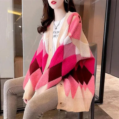 Pink / S 40-47.5kg Spring and Autumn Rhombic Contrast Color Sweater Coat Women's Loose and Lazy Knitted Cardigan Top Women's Fashionable Outwear
