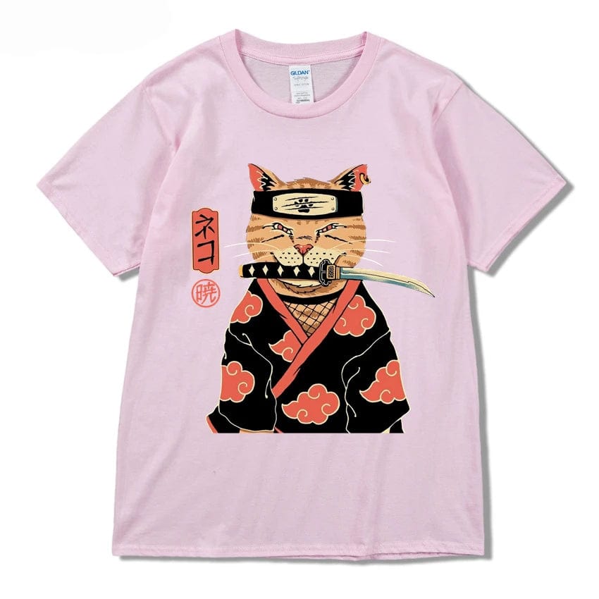 Pink / S Hip Hop Streetwear Japanese Kanji Harajuku Funny Warrior Cat T-Shirt Summer Short Sleeve Tops Tees Cotton Print Loose Tshirt