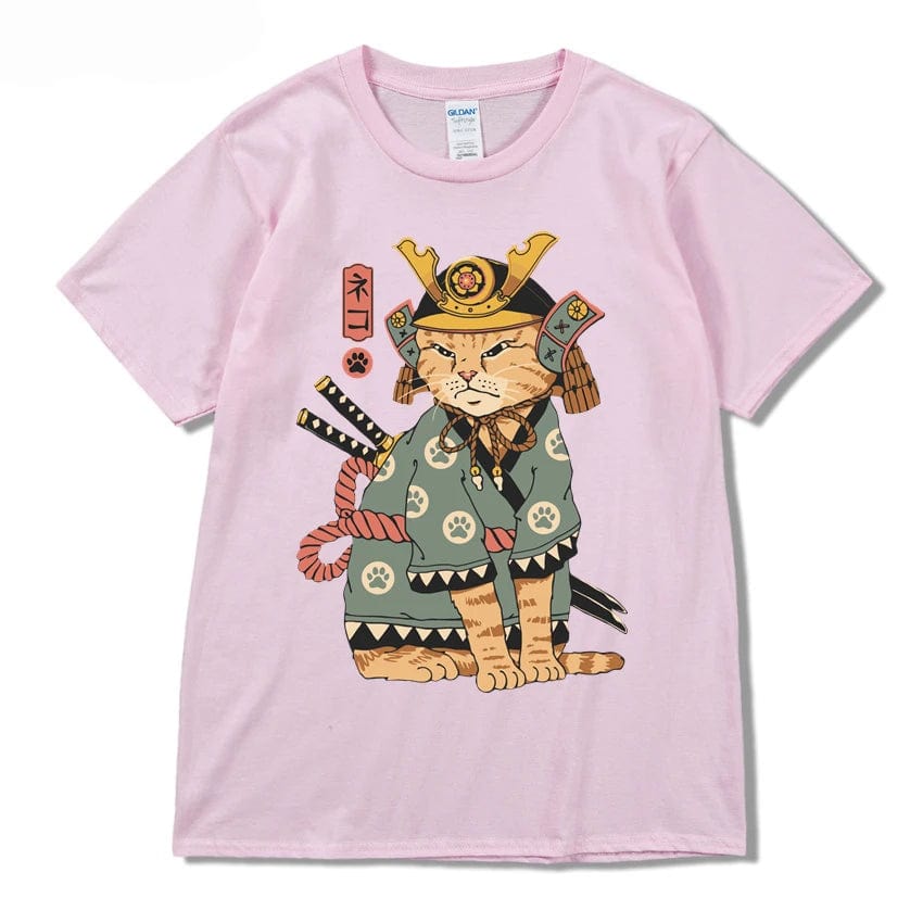 Pink / S Men Hip Hop T Shirt Streetwear Japanese Kanji Harajuku Funny Warrior Cat T-Shirt Summer Short Sleeve Tee Cotton Print Swag shirt