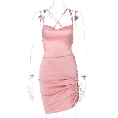 Pink / S Sultry Elegance: Dulzura Satin Mini Dress with Ruched Lace-Up Cross Bandage, Backless Bodycon