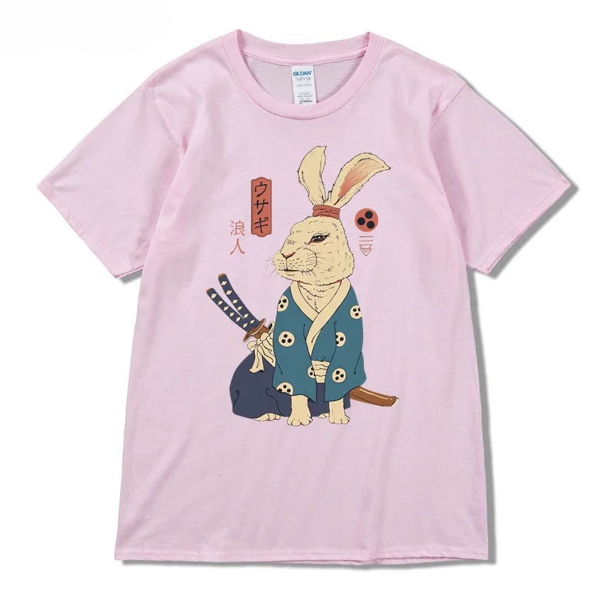 Pink / X SMALL Ninja Rabbit T Shirt Casual Short Sleeve Japanese Summer Tee