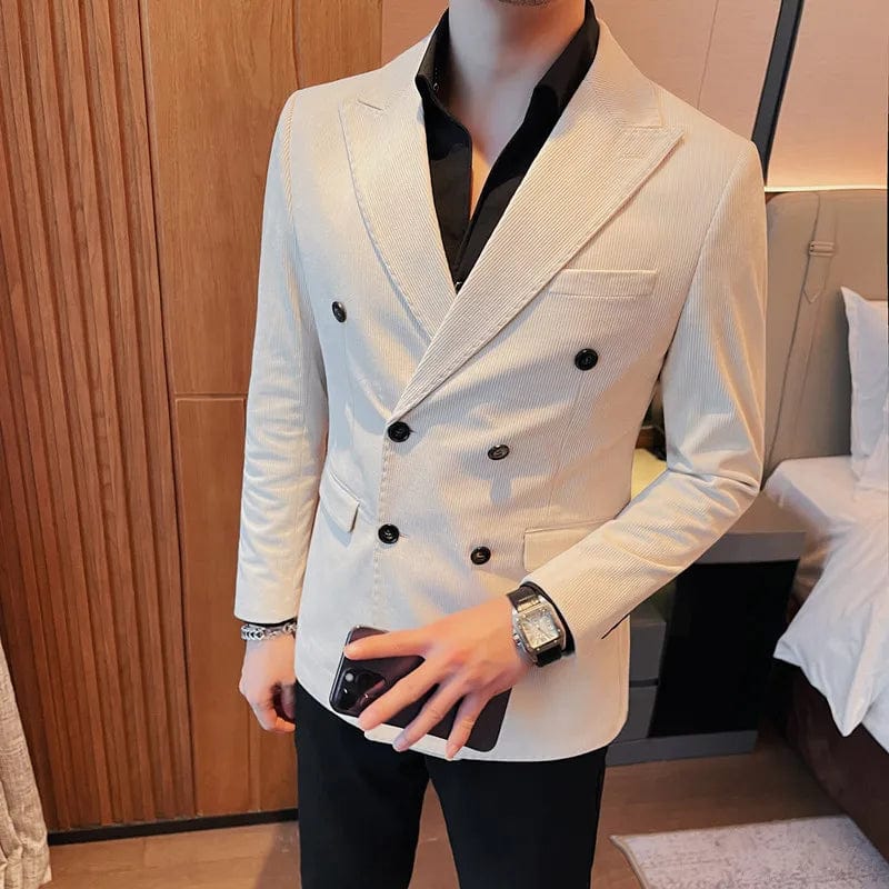 Plus Size 4XL-M Double Breasted Corduroy Blazer Jackets For Men Clothing 2023 Business Slim Fit Casual Striped Suit Coats Formal