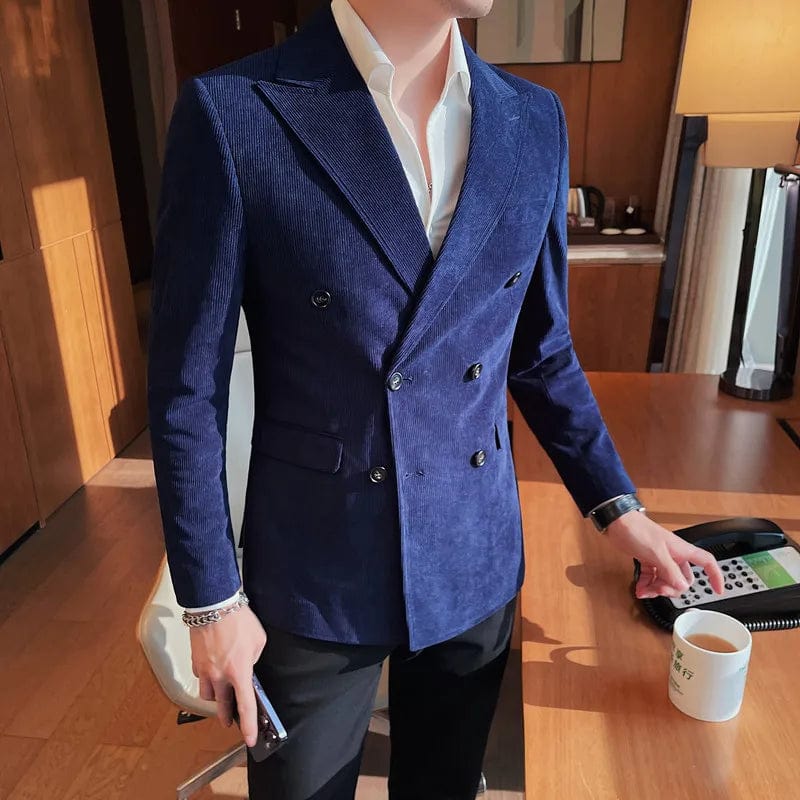 Plus Size 4XL-M Double Breasted Corduroy Blazer Jackets For Men Clothing 2023 Business Slim Fit Casual Striped Suit Coats Formal
