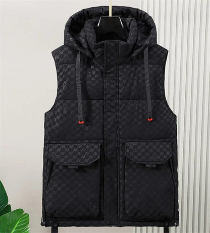 Printed Black / L (50-60kg) Black Men's Cargo Vest Winter Warm Sleeveless Jacket Padded Detachable Hooded Waistcoat Men Clothes Male Loose Coat Work Wear