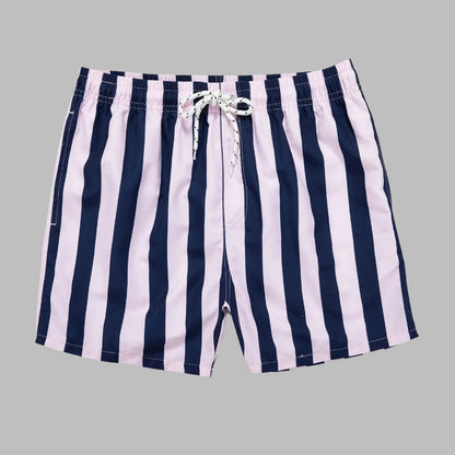 Purple Pink / 31-33 Waist Men's Striped Beach Shorts: Drawstring Swim Trunks, Surfing Boardshorts, Casual Summer Beachwear