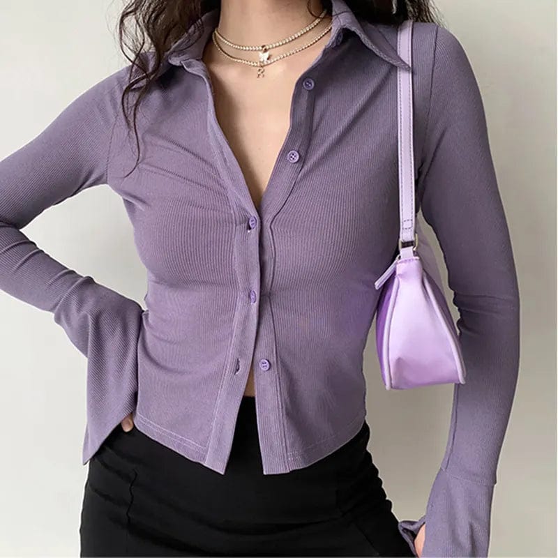 Purple / S Lapel Single-Breasted Flared Collar Solid Sleeve Blouse - Women's Slim Fit Long-Sleeve Shirt