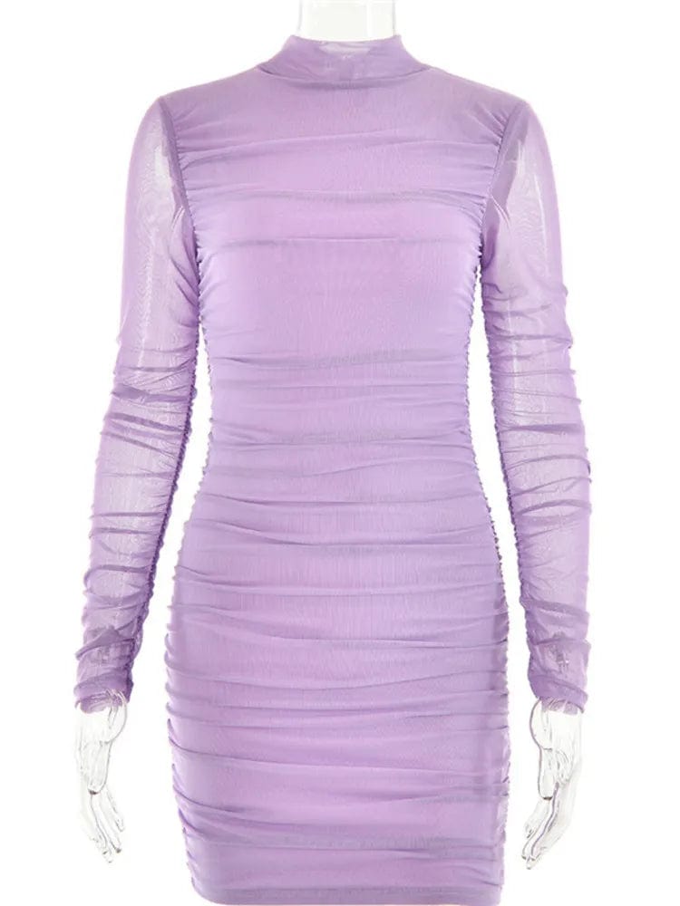Purple / S Mozision Turtleneck Long Sleeve Ruched Mini Dress Women 2023 Autumn Winter New Two Layer Mesh Bodycon Sexy Dress Femme Vestidos