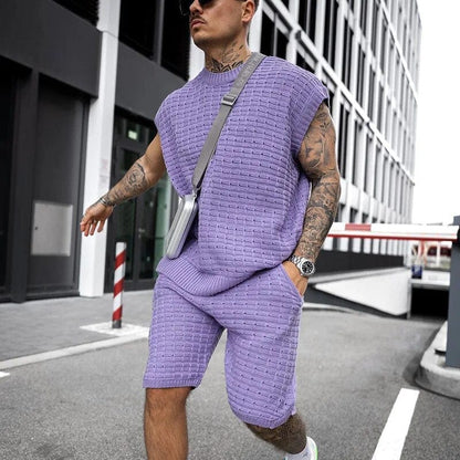 Purple / XS Casually Stylish: Men's Sleeveless Tops and Shorts Two-Piece Casual Set - Solid Streetwear Tracksuit Ensemble