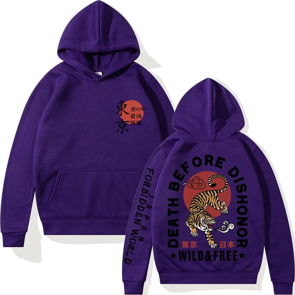 Purple / X SMAL Japanese Tiger Tokyo Hoodie Hip Hop Sweatshirts Harajuku Long Sleeve Pullover Loose Streetwear