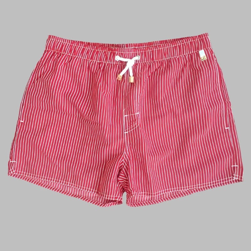 Red / 38-40 Waist Men's Striped Beach Vacation Shorts: Lined Swim Trunks for Hot Springs