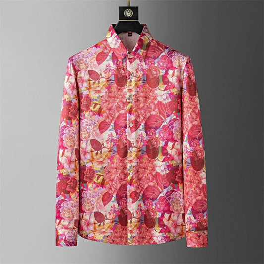 Red / Asia M 50-60KG 2023 Autumn Flower Shirt for Men Fashion Long Sleeve Slim Fit Casual Shirts High Quality Business Office Social Dress Shirts