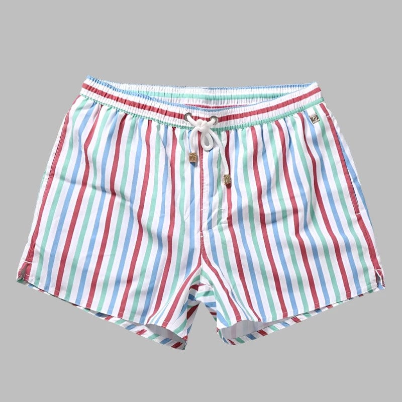 Red Blue / 38-40 Waist Men's Striped Beach Vacation Shorts: Lined Swim Trunks for Hot Springs