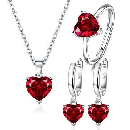 Red Elegant 925 Sterling Silver Jewelry Sets For Women Heart Zircon Ring Earrings Necklace