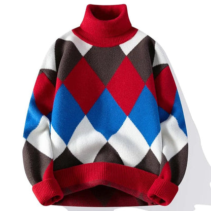 Red / M (50-60KG) 2023 New Fall Winter Thick Warm Turtleneck Sweater Men Top Quality Mens Christmas Sweaters High Neck Argyle Cashmere Pullover