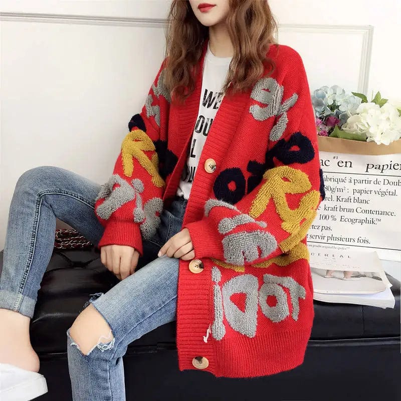 Red / S 45-52.5KG Relaxed Elegance: Women's Loose Knitted Slouchy Style Cardigan