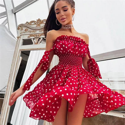 Boho Chic Red Polka Dot Ruched Dress Sweet and Sexy Off Shoulder Sty Zebuci