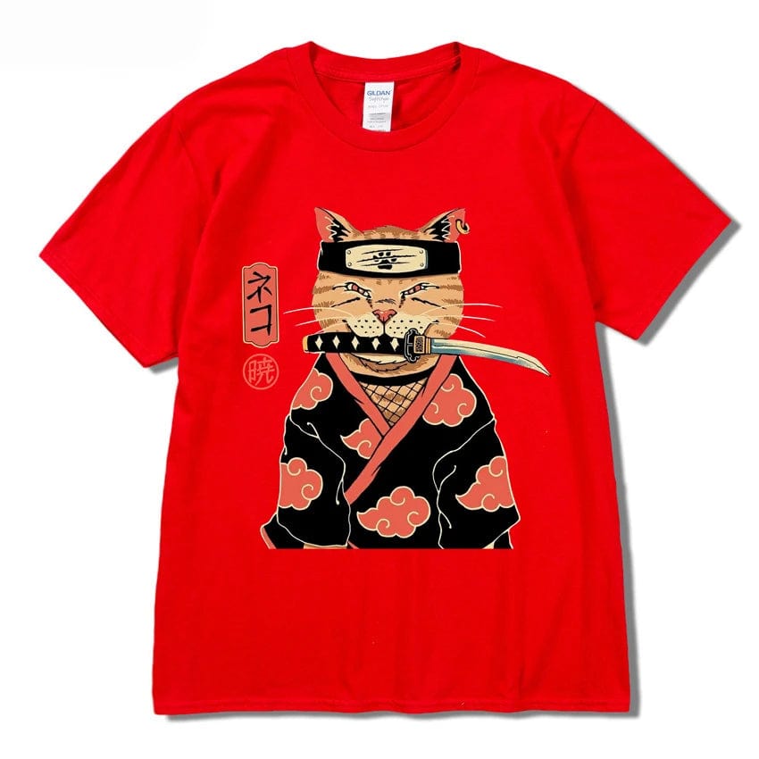 Red / S Hip Hop Streetwear Japanese Kanji Harajuku Funny Warrior Cat T-Shirt Summer Short Sleeve Tops Tees Cotton Print Loose Tshirt