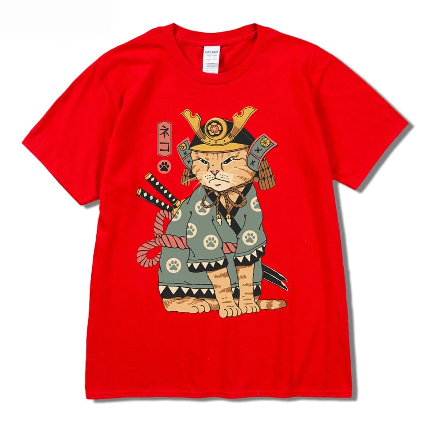 Red / S Men Hip Hop T Shirt Streetwear Japanese Kanji Harajuku Funny Warrior Cat T-Shirt Summer Short Sleeve Tee Cotton Print Swag shirt