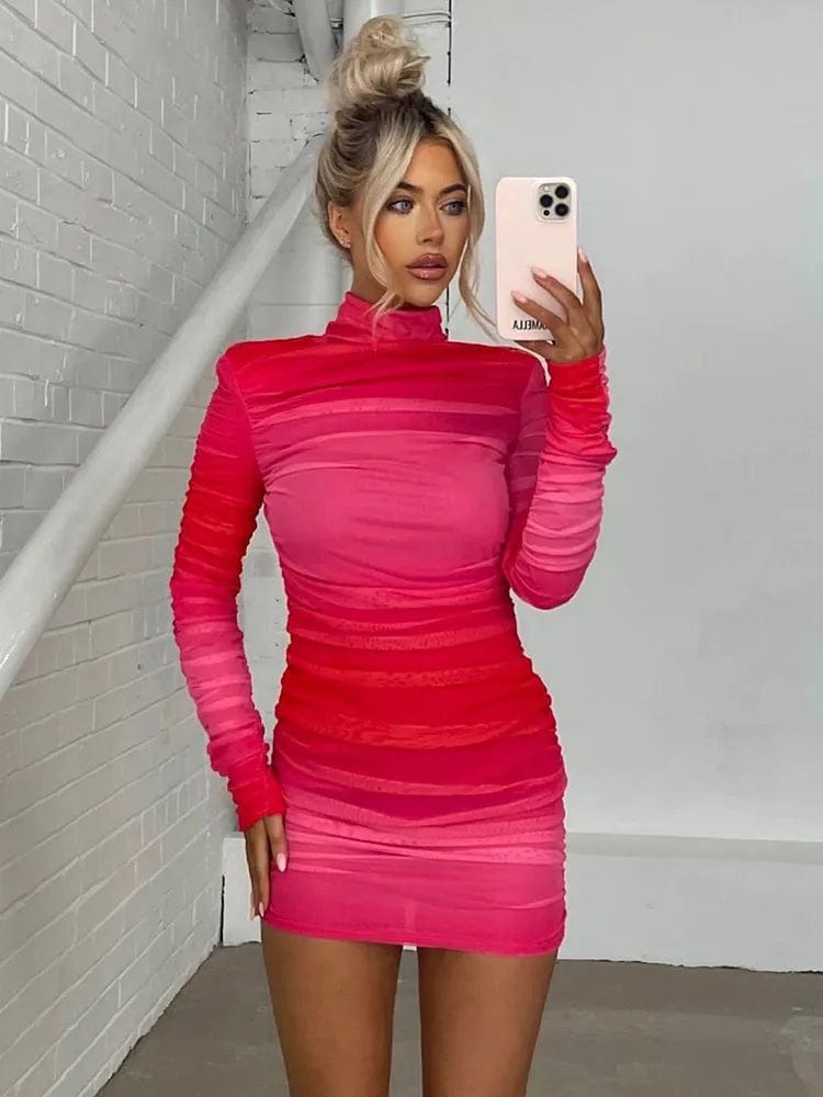 Red / S Mozision Turtleneck Long Sleeve Ruched Mini Dress Women 2023 Autumn Winter New Two Layer Mesh Bodycon Sexy Dress Femme Vestidos