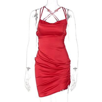Red / S Sultry Elegance: Dulzura Satin Mini Dress with Ruched Lace-Up Cross Bandage, Backless Bodycon
