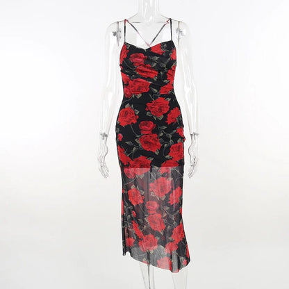 Red / S Women's Sexy Style Flower Print Suspender Mesh Strap Neck Bandage Dress Long Skirt JY23321SK