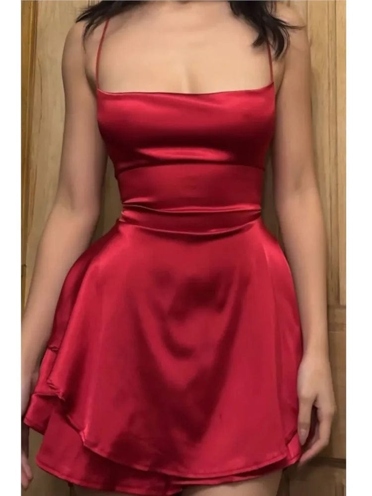 Red Sleeveless Backless Dress - Elegant Satin Bodycon Mini Dress for Women