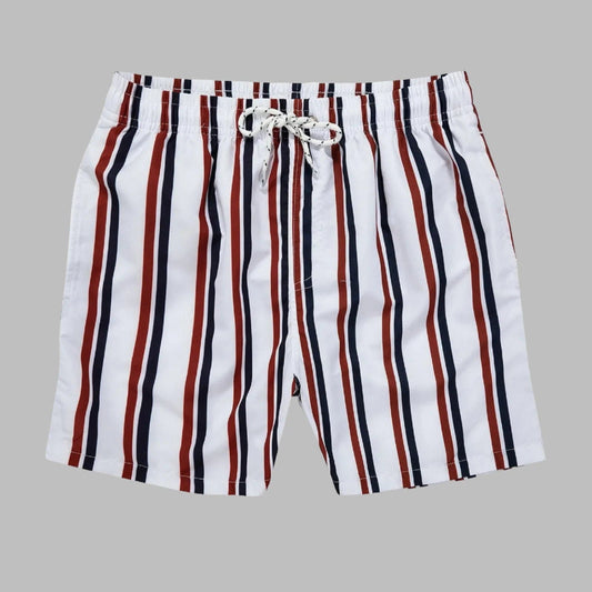 Red White / 31-33 Waist Men's Striped Beach Shorts: Drawstring Swim Trunks, Surfing Boardshorts, Casual Summer Beachwear