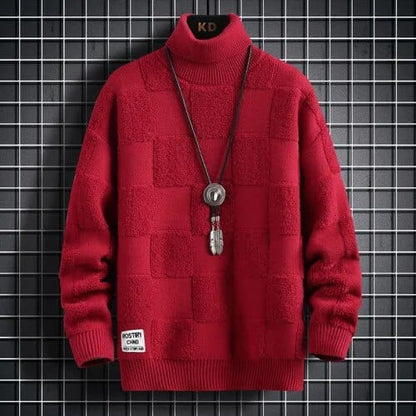 Red / XS Deep Focus Sweater - Elevate Your Style: High Neck Thickened Warm Sweater Loose Check Knitted Pullover