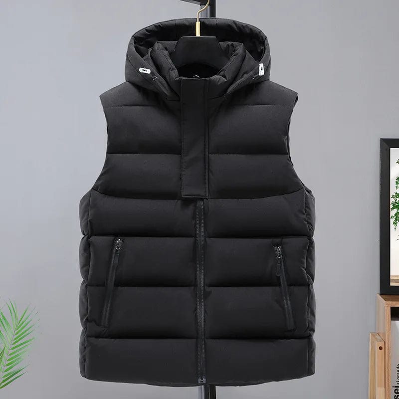 S / Black Men's Winter Hooded Vest - Spliced Color, Down Cotton, Zipper