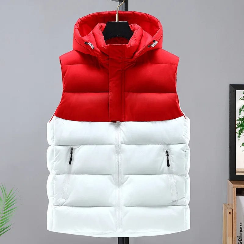 S / Red Men's Winter Hooded Vest - Spliced Color, Down Cotton, Zipper