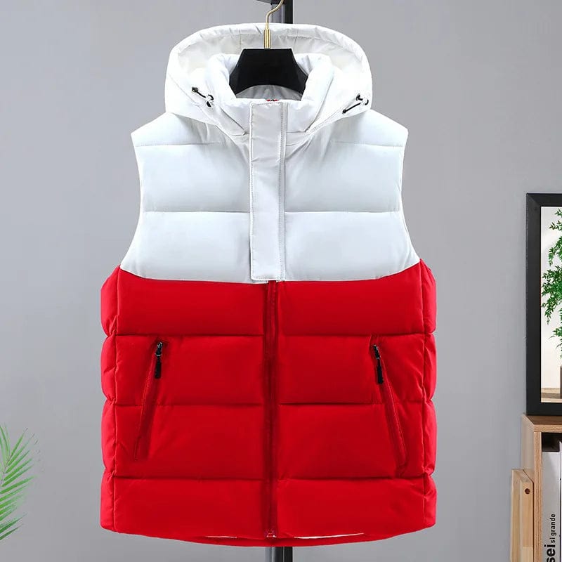 S / White Men's Winter Hooded Vest - Spliced Color, Down Cotton, Zipper