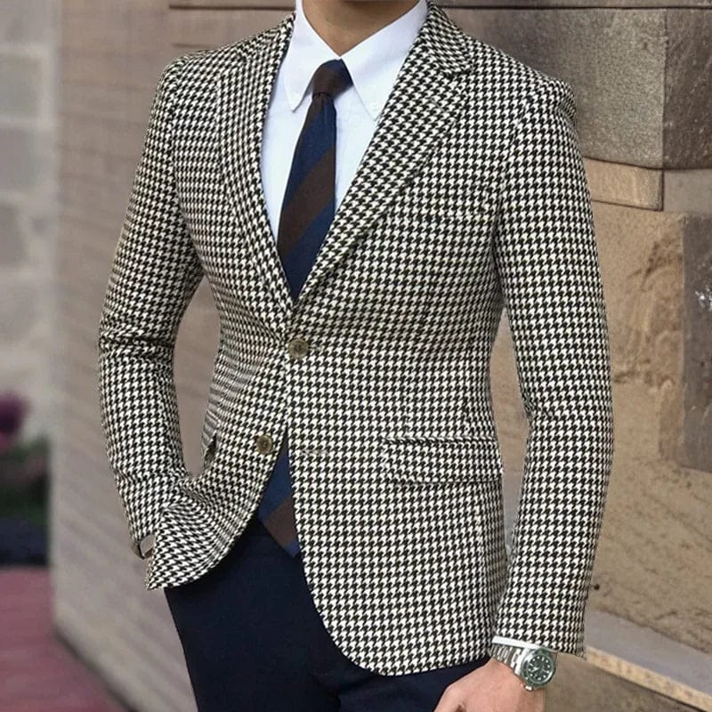 Same as Model / XS (EU44 or US34) In Stock Houndstooth Plaid Casual Blazer for Men One Piece Suit Jacket with 2 Side Slit Slim Fit Male Coat Fashion 2024