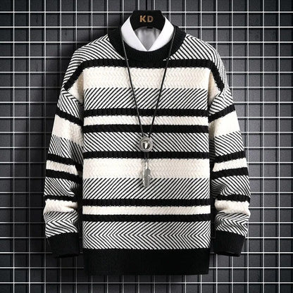 Serenity Stripe Pattern Sweater - Elevate Your Style: Knitted Thickened Pullover Vintage O-Neck Winter Sweater