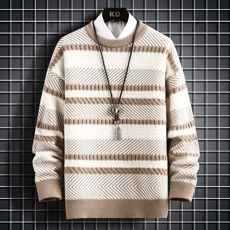 Serenity Stripe Pattern Sweater - Elevate Your Style: Knitted Thickened Pullover Vintage O-Neck Winter Sweater