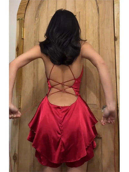 Sexy Backless Bandage Red Dress Women Elegant Satin Sleeveless Bodycon Mini Dresses Fashion Party Club Female Slim Vestidos