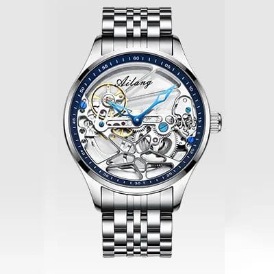 Silver Blue AILANG Skeleton Mechanical Mens Watches Top Brand Luxury Steampunk Transparent Hollow Automatic Watch Relogio Masculino 8625