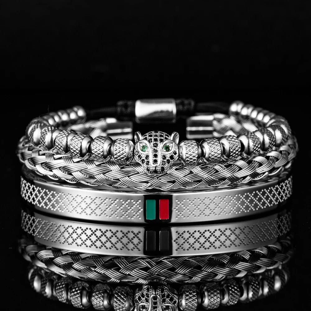 Silver Set A Handcrafted Luxury Braided Stainless Steel Bracelet for Men - CZ Leopard Head with Green and Red Enamel Accents