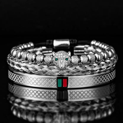 Silver Set B Handcrafted Luxury Braided Stainless Steel Bracelet for Men - CZ Leopard Head with Green and Red Enamel Accents