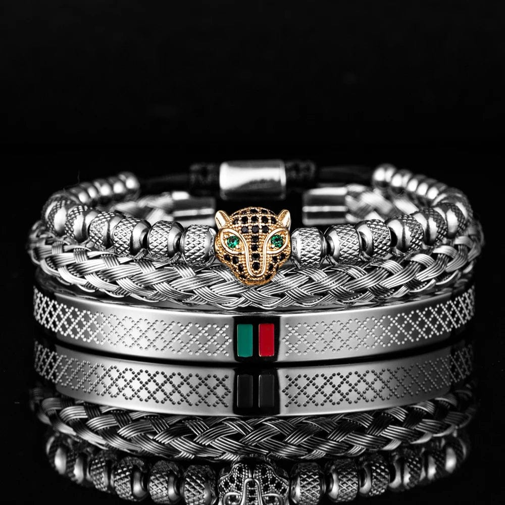 Silver Set C Handcrafted Luxury Braided Stainless Steel Bracelet for Men - CZ Leopard Head with Green and Red Enamel Accents