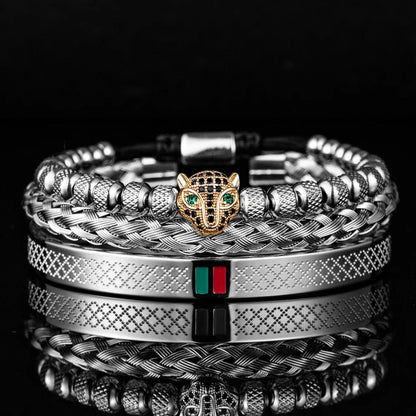 Silver Set C Handcrafted Luxury Braided Stainless Steel Bracelet for Men - CZ Leopard Head with Green and Red Enamel Accents