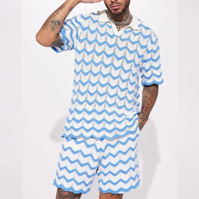 SKY BLUE / S 2023 Summer New Men's Set Knit Fashion Print Shirts and Shorts Two Piece Suits Sports Leisure Male Clothing