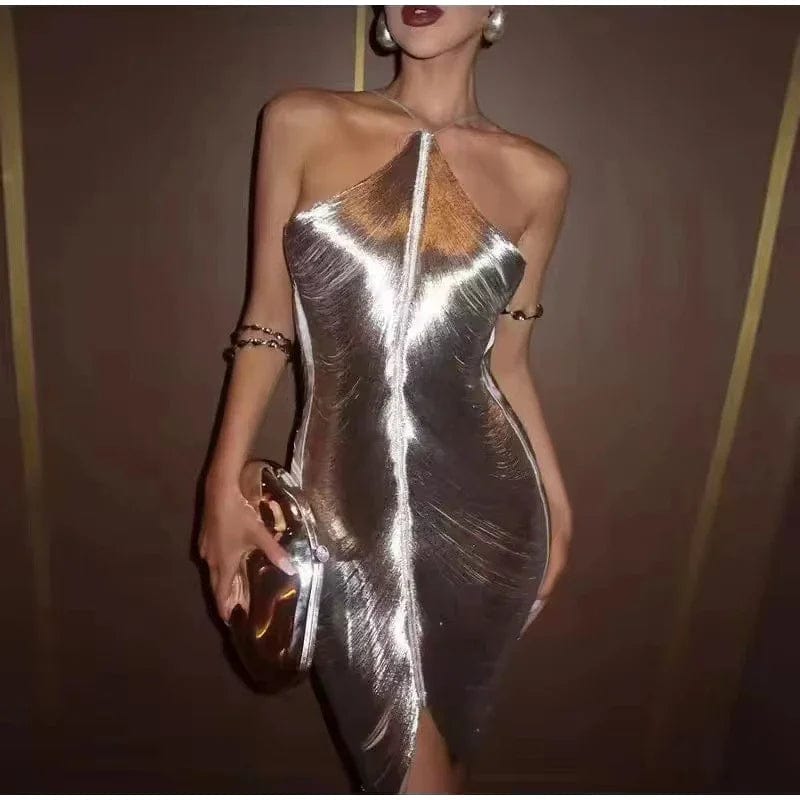 Sliver / S Hanging Neck Metallic Short Dress: Women's Off-Shoulder Backless Shiny Elegance for Evening Party